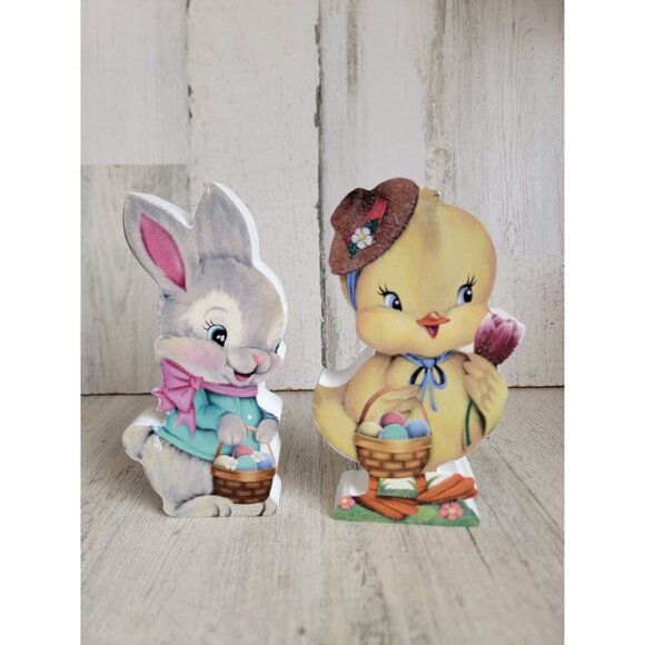 Vintage inspired Easter bunny chick wooden home decor set - Picture 1 of 6